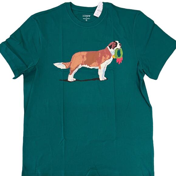 **NWT J. Crew Men's Green W/ Christmas St. Bernard & Wreath Graphic Tee - - Picture 2 of 10